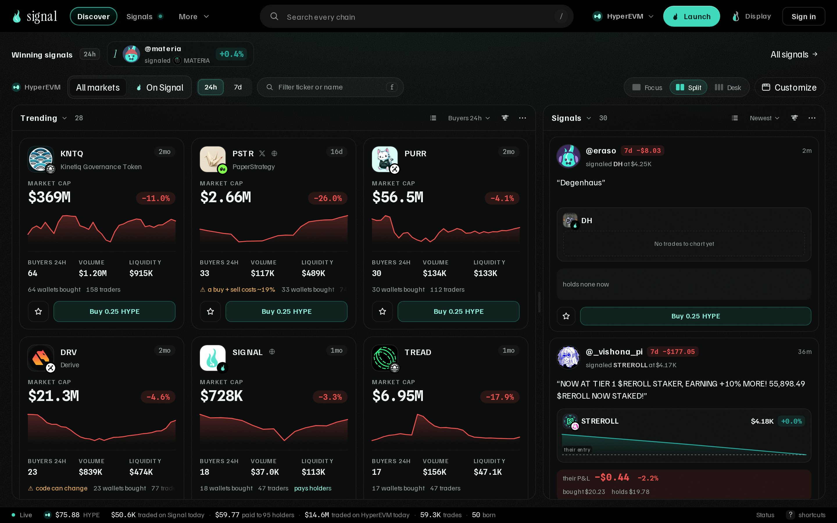 Signal's desktop trading screen: trending markets with charts, and a live feed of trade signals
